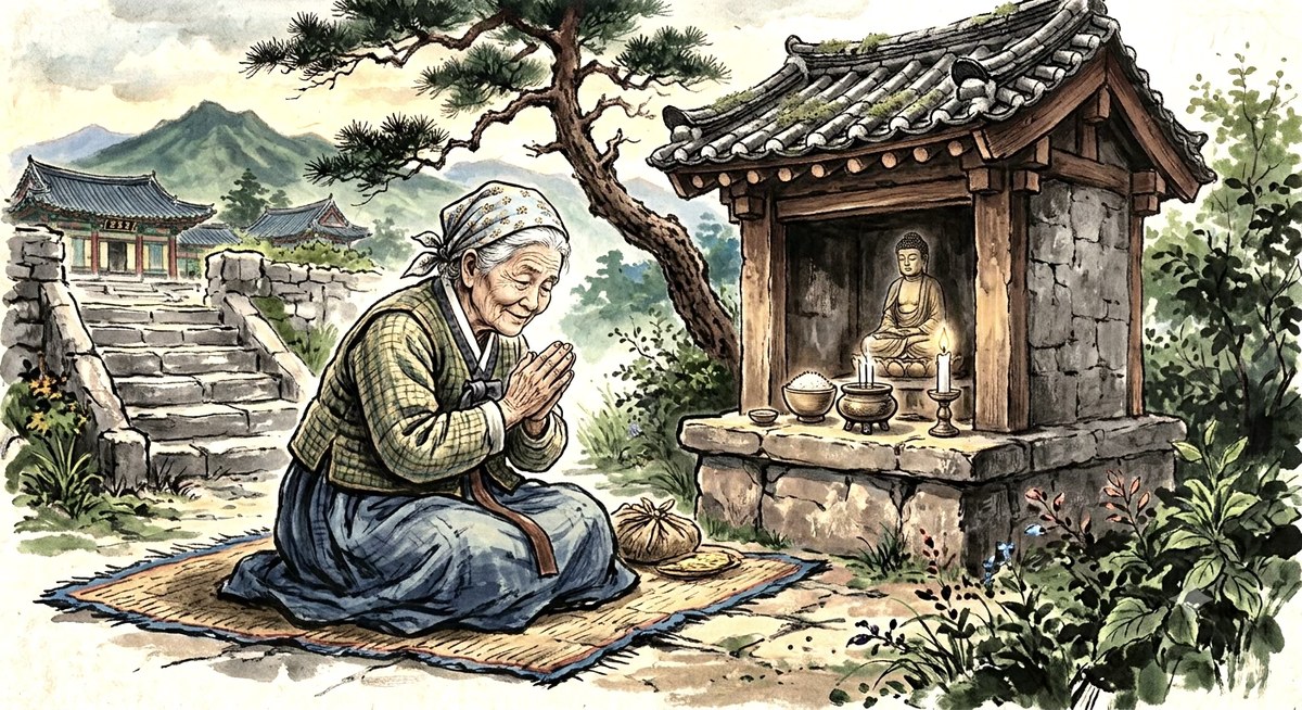 한복 입은 할머니가 불단 앞에서 합장 기도하는 일러스트
